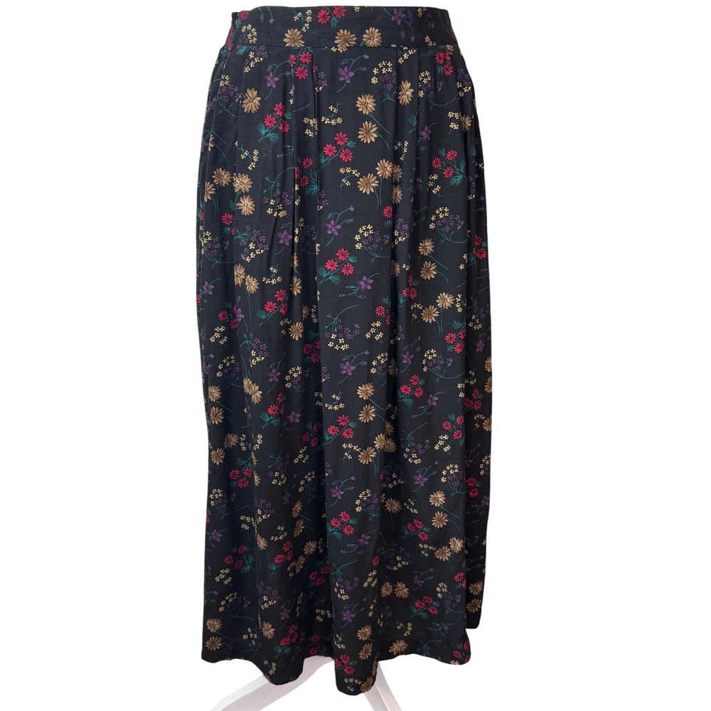 Sag Harbor Petite Vintage Floral Maxi Skirt Black Rayon Pleated Small